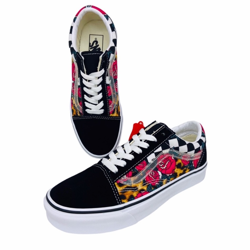 Vans Old Skool Rose Womens 7 Animal Checkerboard Sneaker Dark Romance